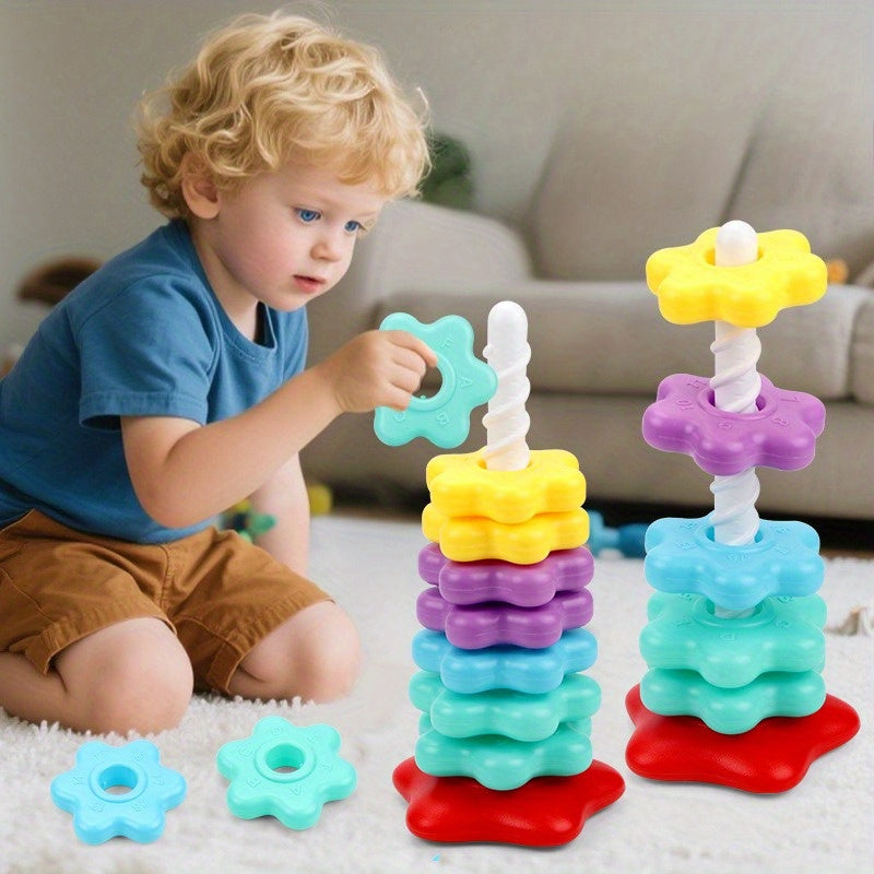 Baby Rainbow Rotating Stacking Music Collar/Early Enlightenment Children Rotating Tower Toy/Puzzle Color Number Size Cognitive Toy/Parent Child Interactive Toy/Hand Eye Coordination Exercise/Christmas/Random Color/random Style