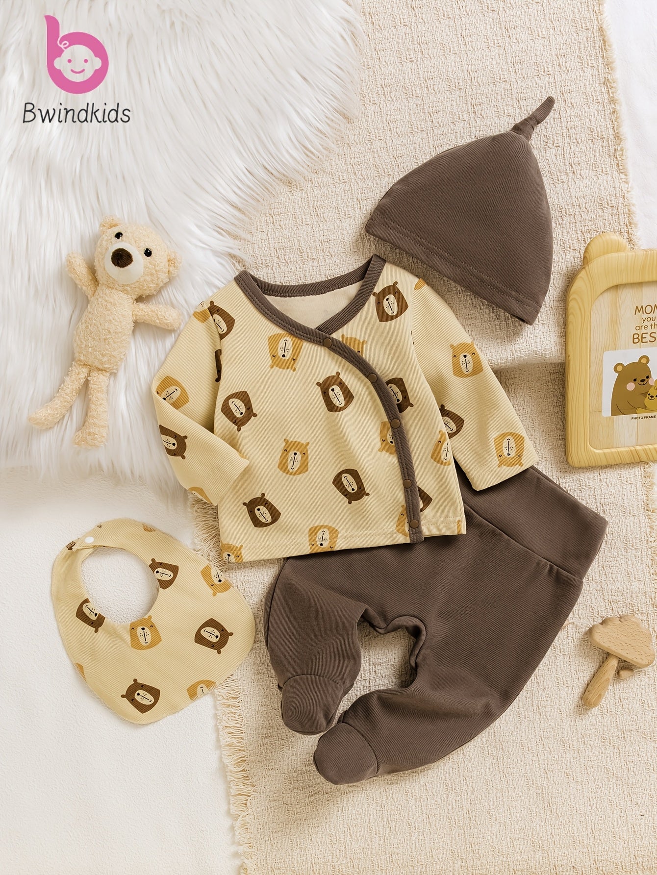 Bwindkids Baby Boy Newborn Set: Cartoon Bear Print Round Neck Long Sleeve Top + Solid Brown High-Waist Pants, Bib, and Hat (4pcs Set), Warm Tone, Comfortable Cotton Knit Fabric, Perfect for Outdoor