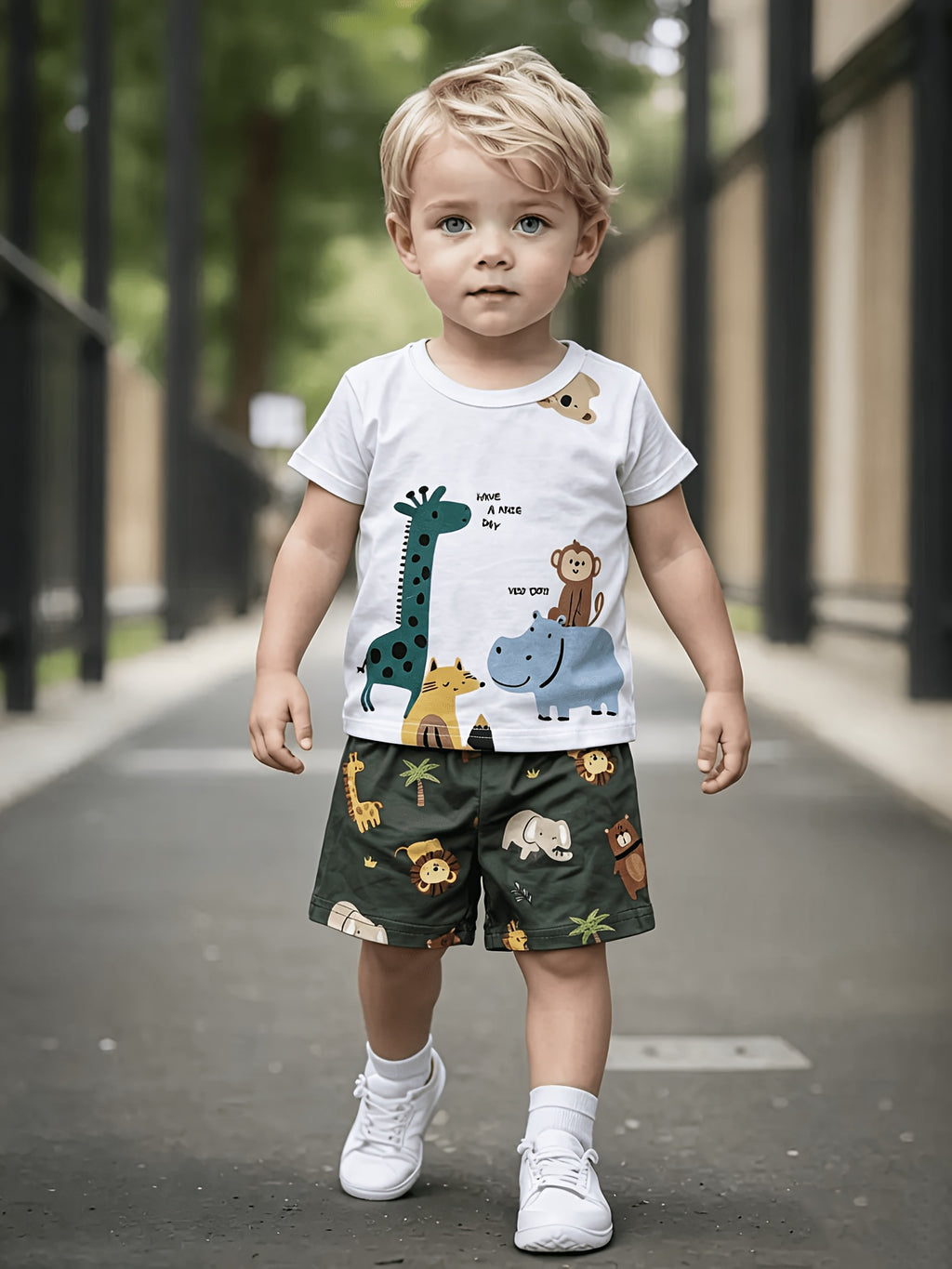 Summer Baby Cute Giraffe Animal Print Short Sleeve T-Shirt And Casual Shorts Set, for Outdoor
