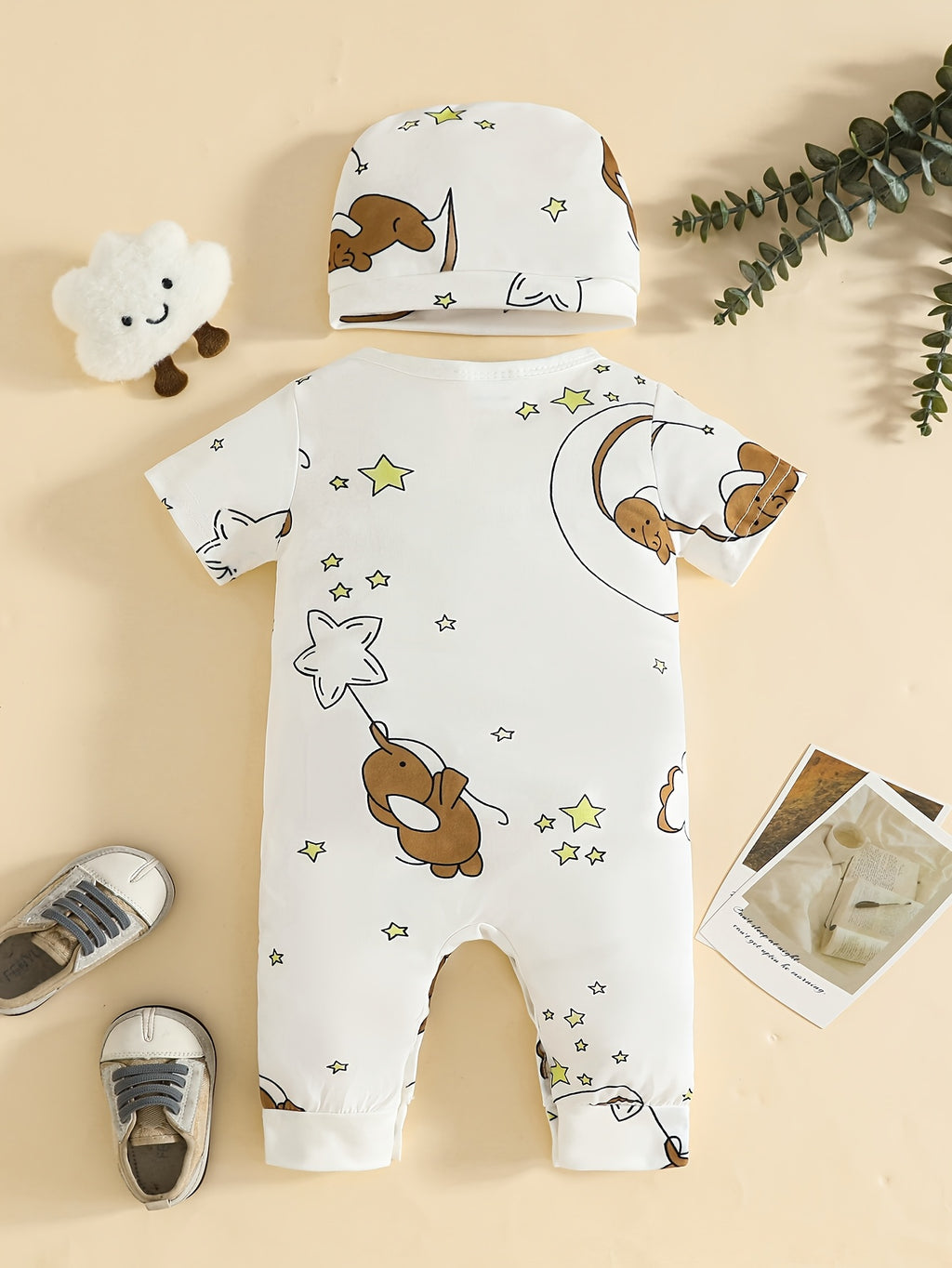 Cute Cartoon Print Short-Sleeved Romper with Hat Two-Piece Set, for Outdoor