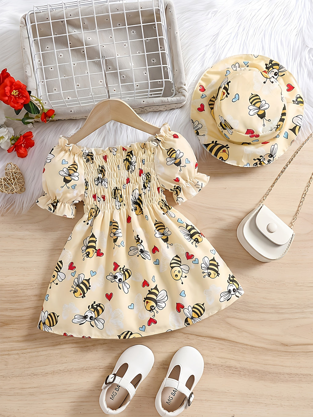 0-3 Years Old Girls' Bee Print Princess Dress 2pcs Set, with Cute Hat And Matching Dress