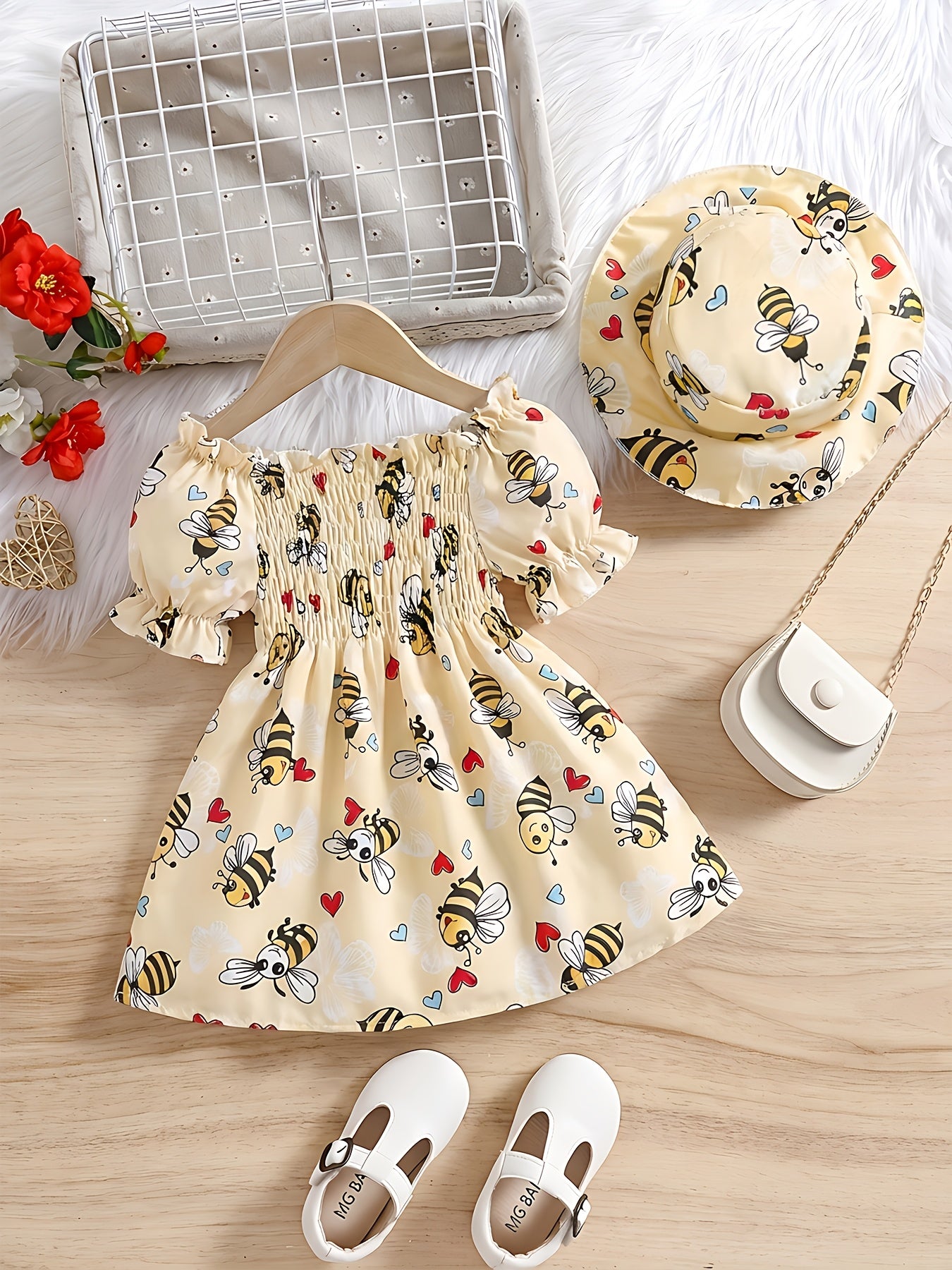 0-3 Years Old Girls' Bee Print Princess Dress 2pcs Set, with Cute Hat And Matching Dress