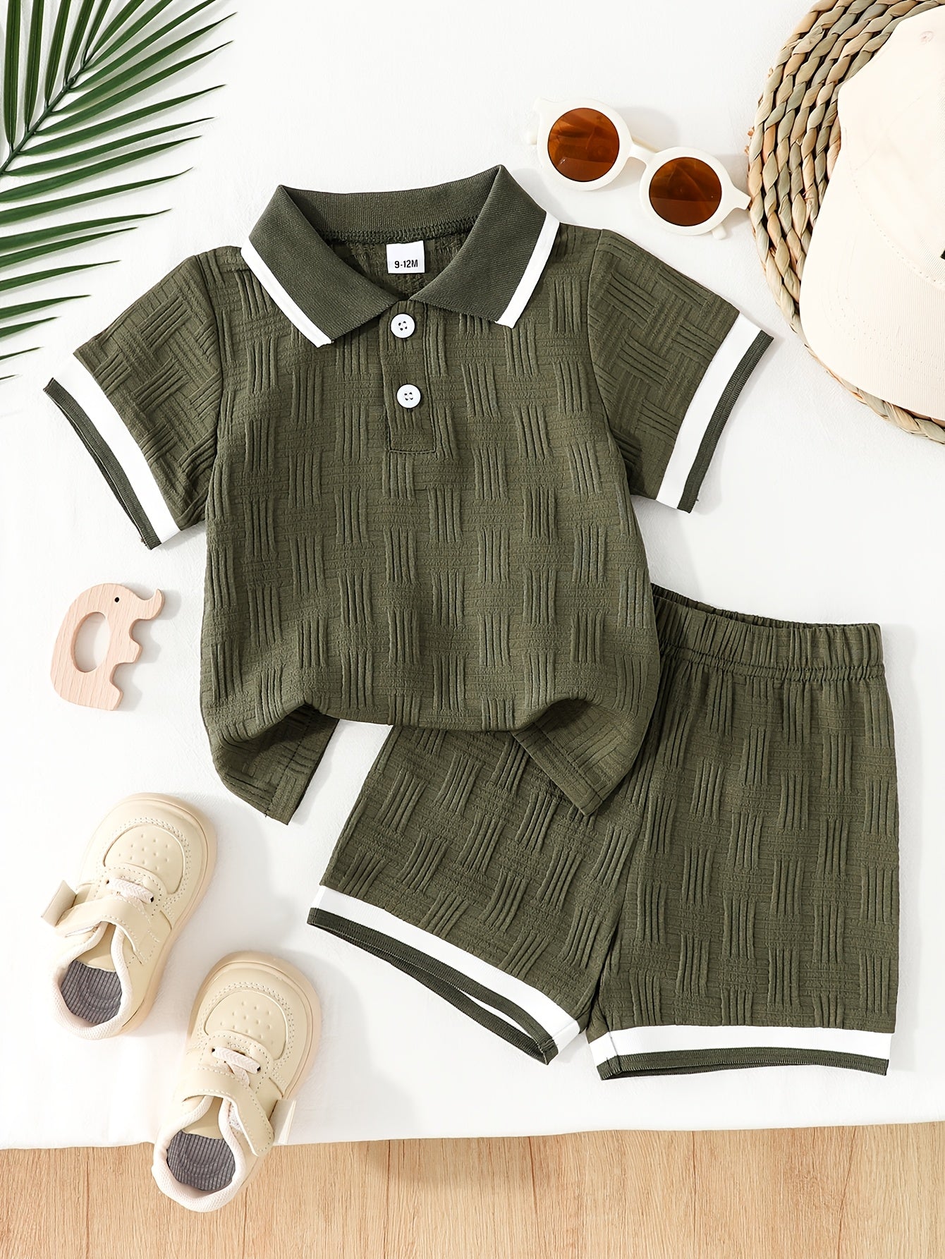 Children'S Baby Summer New Short Sleeve Short Shorts Set, Olive Green Retro Easy Polo Shirt Short Sleeve Contrast Ribbed Collar And Cuff Design, 3D Vertical Stripe Textured Fabric Lightweight Breathable Cool Set, for Outdoor