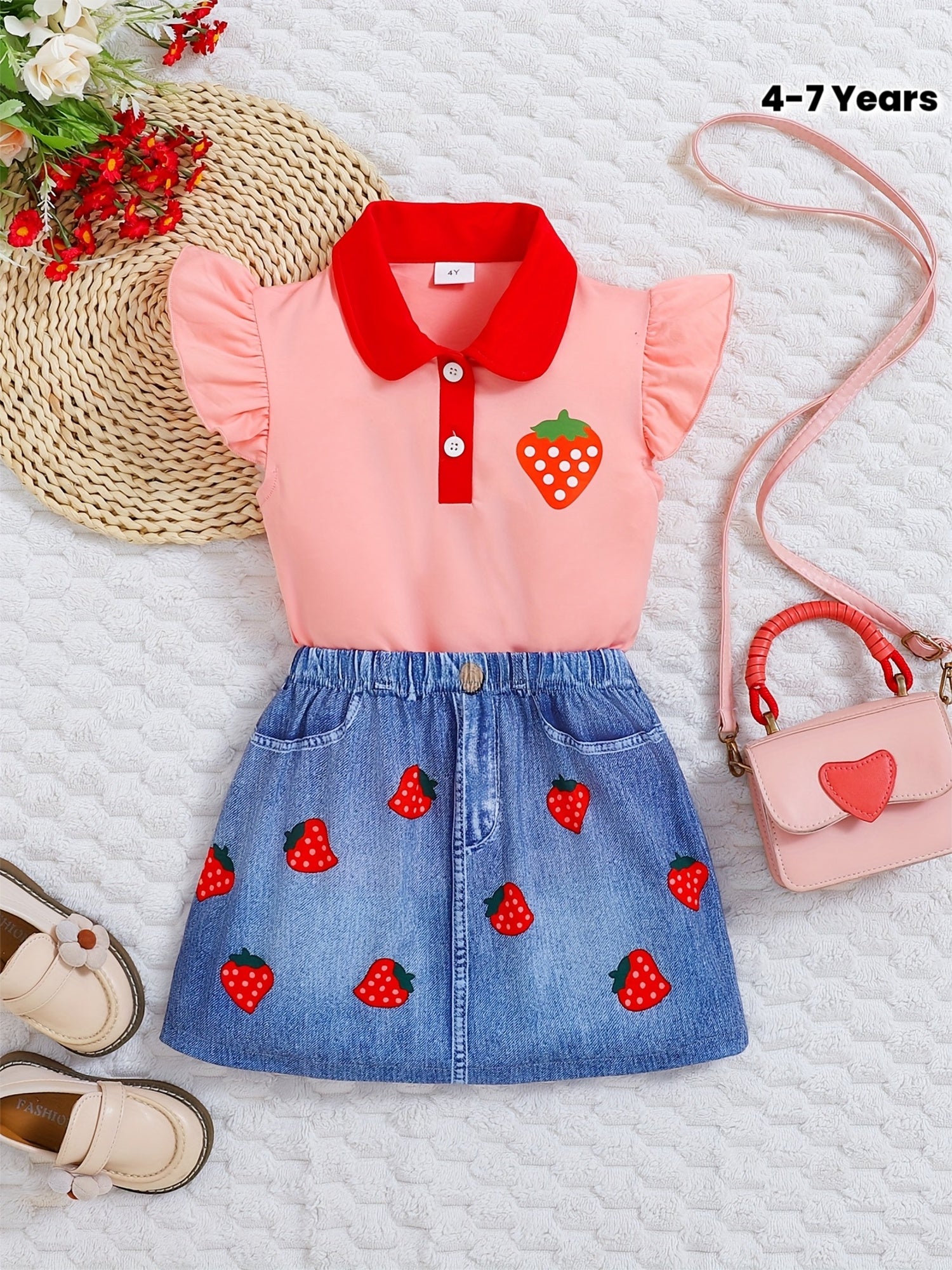 2pcs Outfit for Young Featuring a Sleeveless Top with a Pink And Red Collar And Strawberry Print, Paired with a Faux Denim-Style Skirt Adorned with Strawberries, Perfect for Spring And Summer