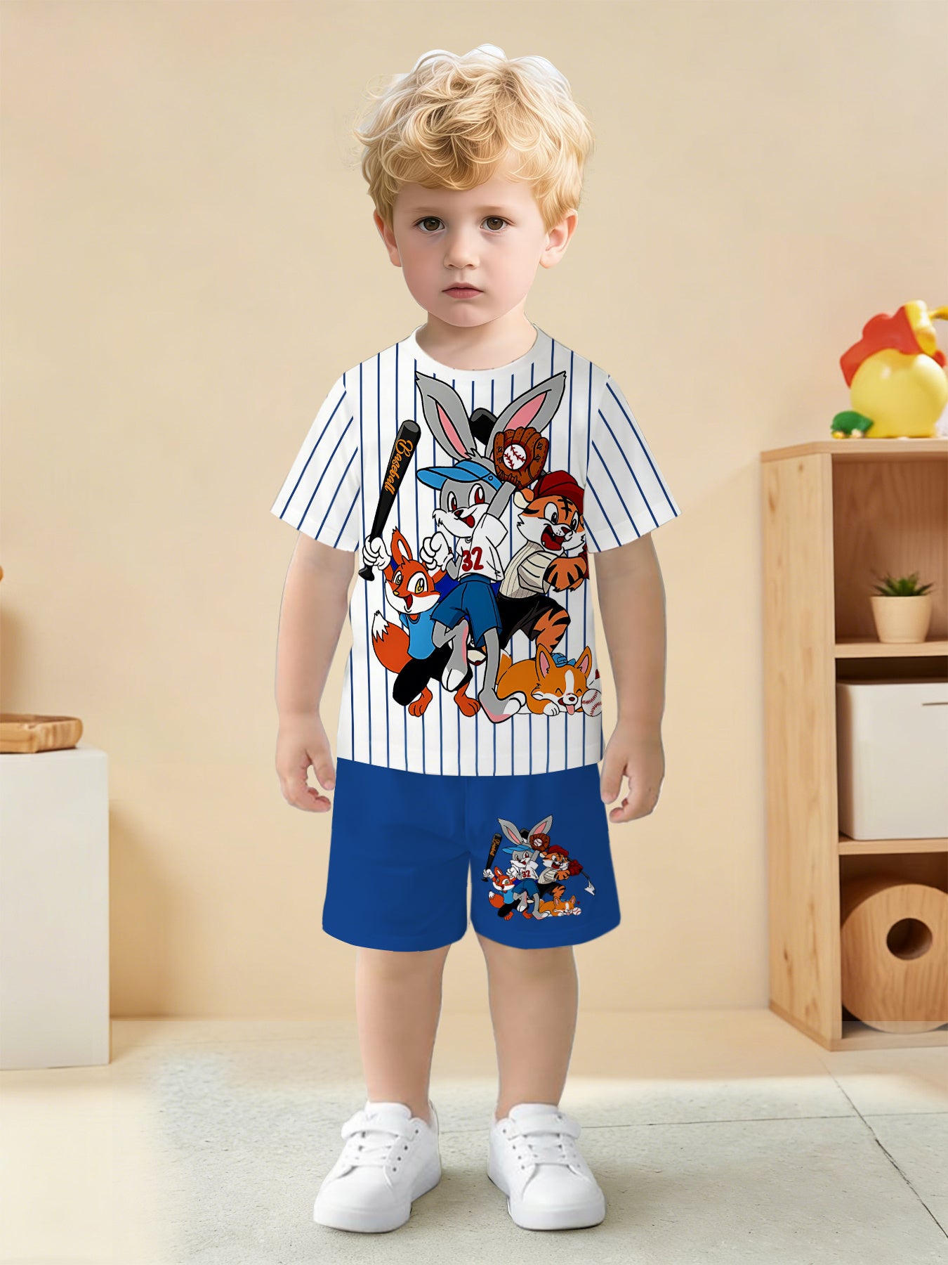 Conjunto de camiseta de manga corta con cuello redondo y pantalones cortos para niños, ropa deportiva de verano para exteriores, suave, transpirable y cómoda, muy adecuada para que la usen los niños.