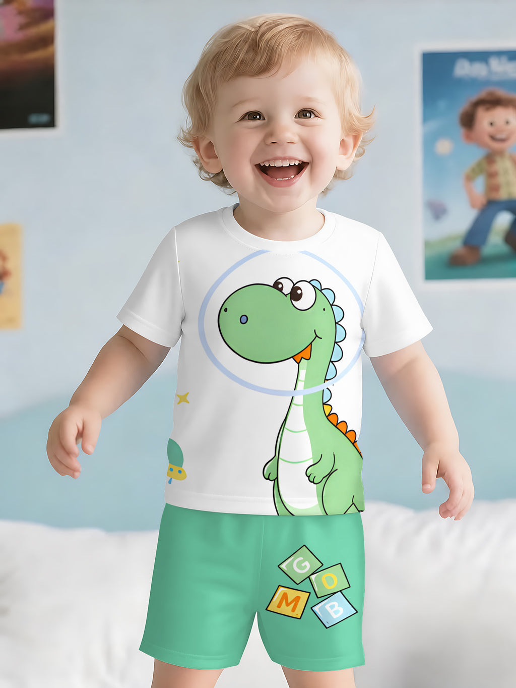 2pcs Set of Cute and Stylish Short-sleeve Tops and Shorts for Boys. Made of Lightweight Polyester Fabric with Fun Pattern Designs. This Soft, Breathable and Comfortable Outfit Set for Baby Boys Is Perfect for School Parties and Outdoor Activities.