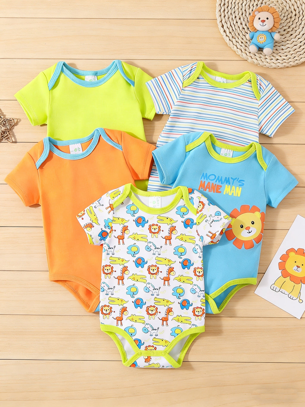 Set 5 Salopete Bebe Unisex cu Imprimeu Animale – 0-12 Luni, Bumbac, Mânecă Scurtă