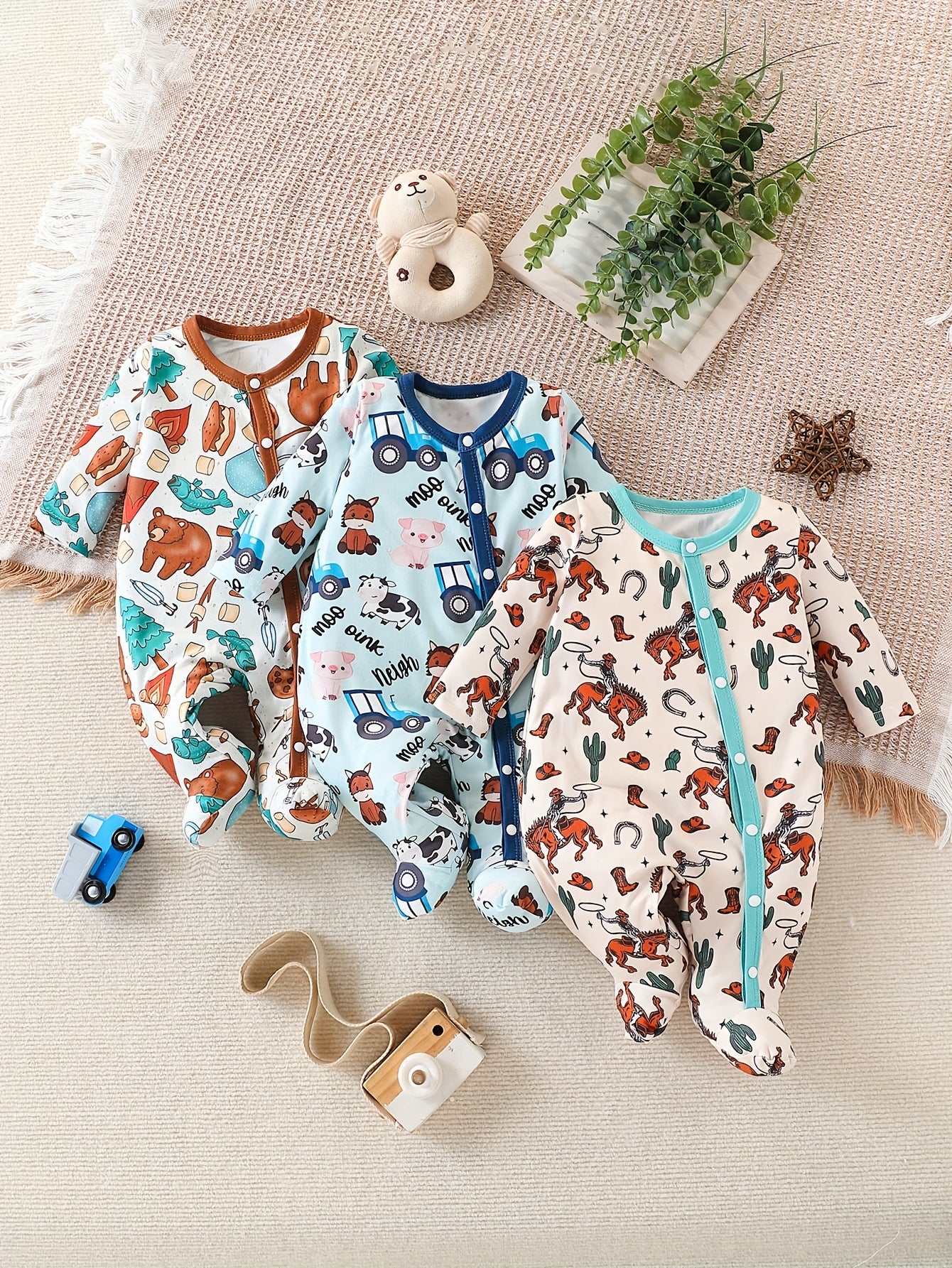 3pcs Set Boys' One-Piece Footed Romper Suit, Western Style, Random Print Sports Design, Long Sleeve Button-Up Onesie with Feet, Perfect for Outdoor