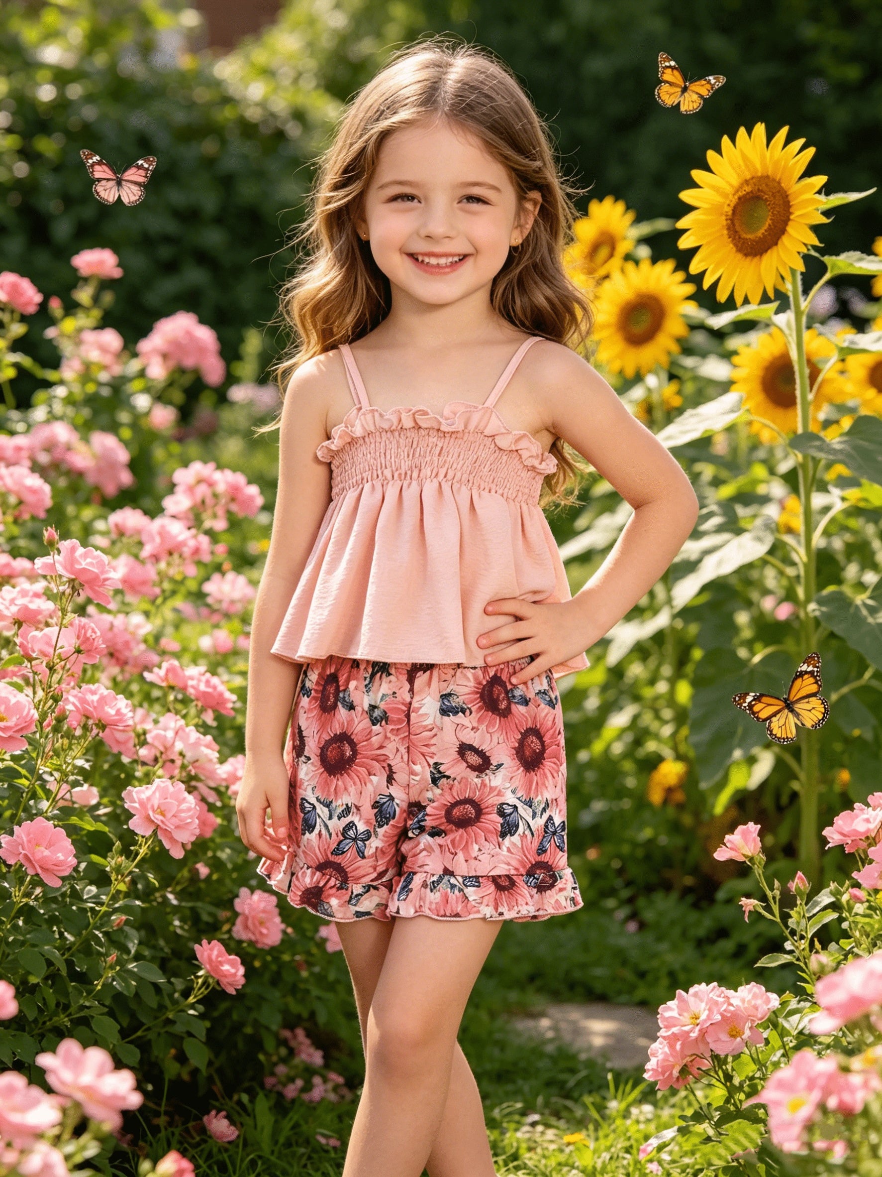 Conjunto de verano de 2 piezas para niña, top camisola de color sólido con lazo delantero y pantalones cortos con estampado floral