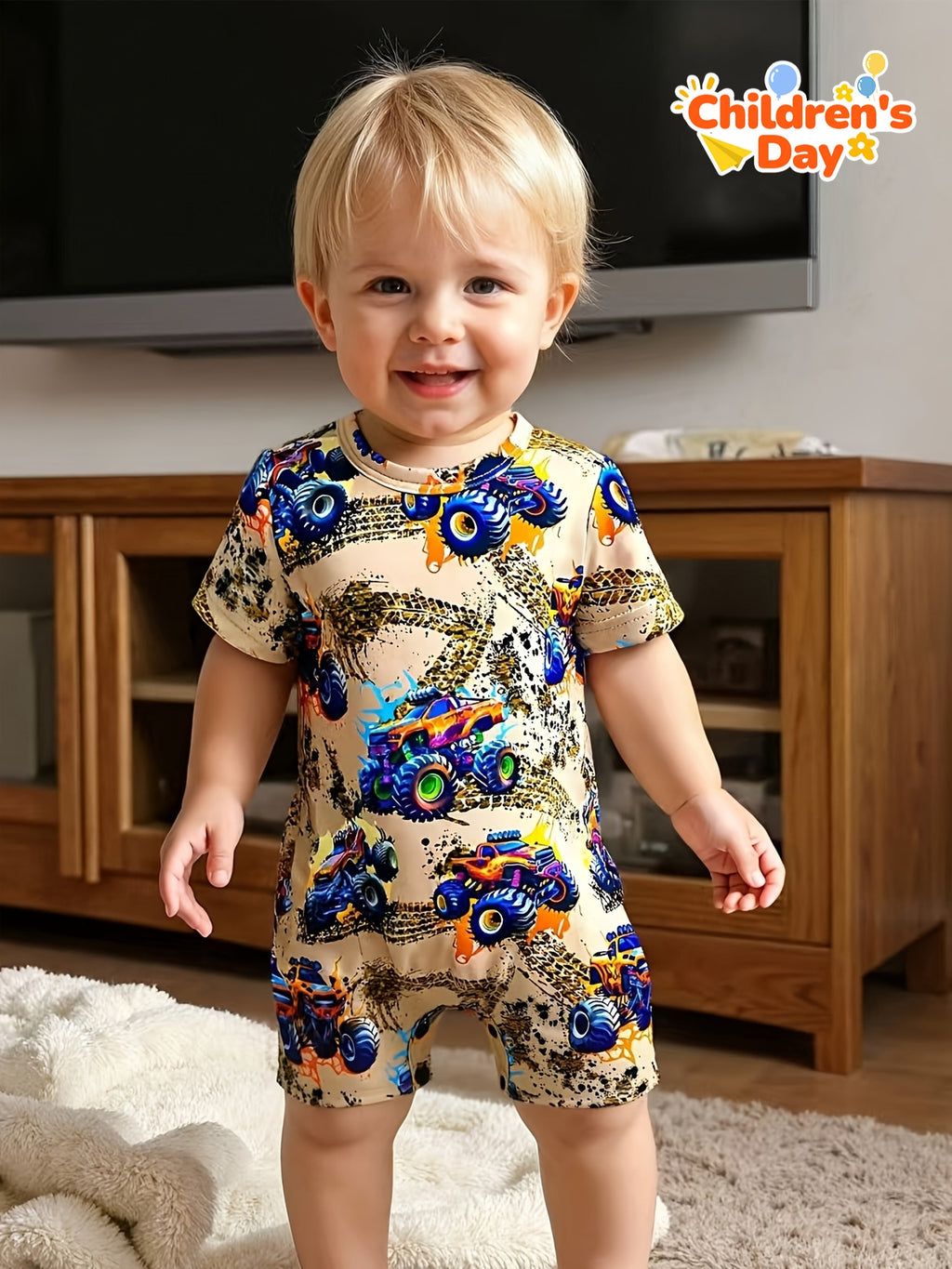 Creative Racing Print Short-Sleeve Bodysuit for Baby Boys for Spring And Summer, for Outdoor