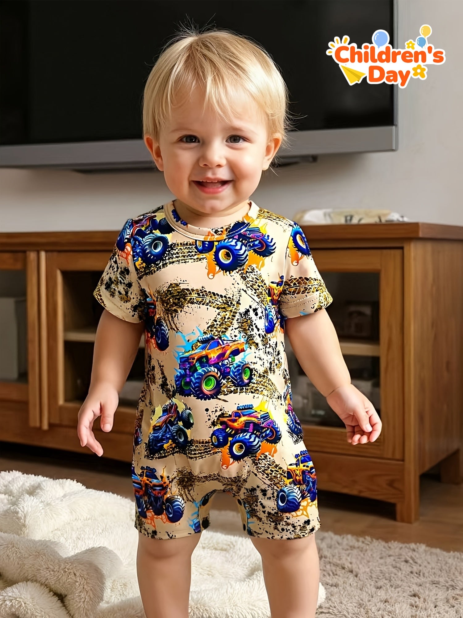 Creative Racing Print Short-Sleeve Bodysuit for Baby Boys for Spring And Summer, for Outdoor