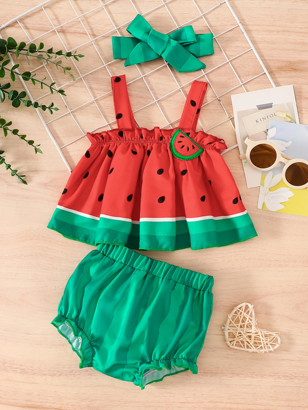 Baby Girls' Watermelon 3pcs Set, Suspender Dress Shorts Headband, Summer Cute Fruit Design Outfit, for Outdoor