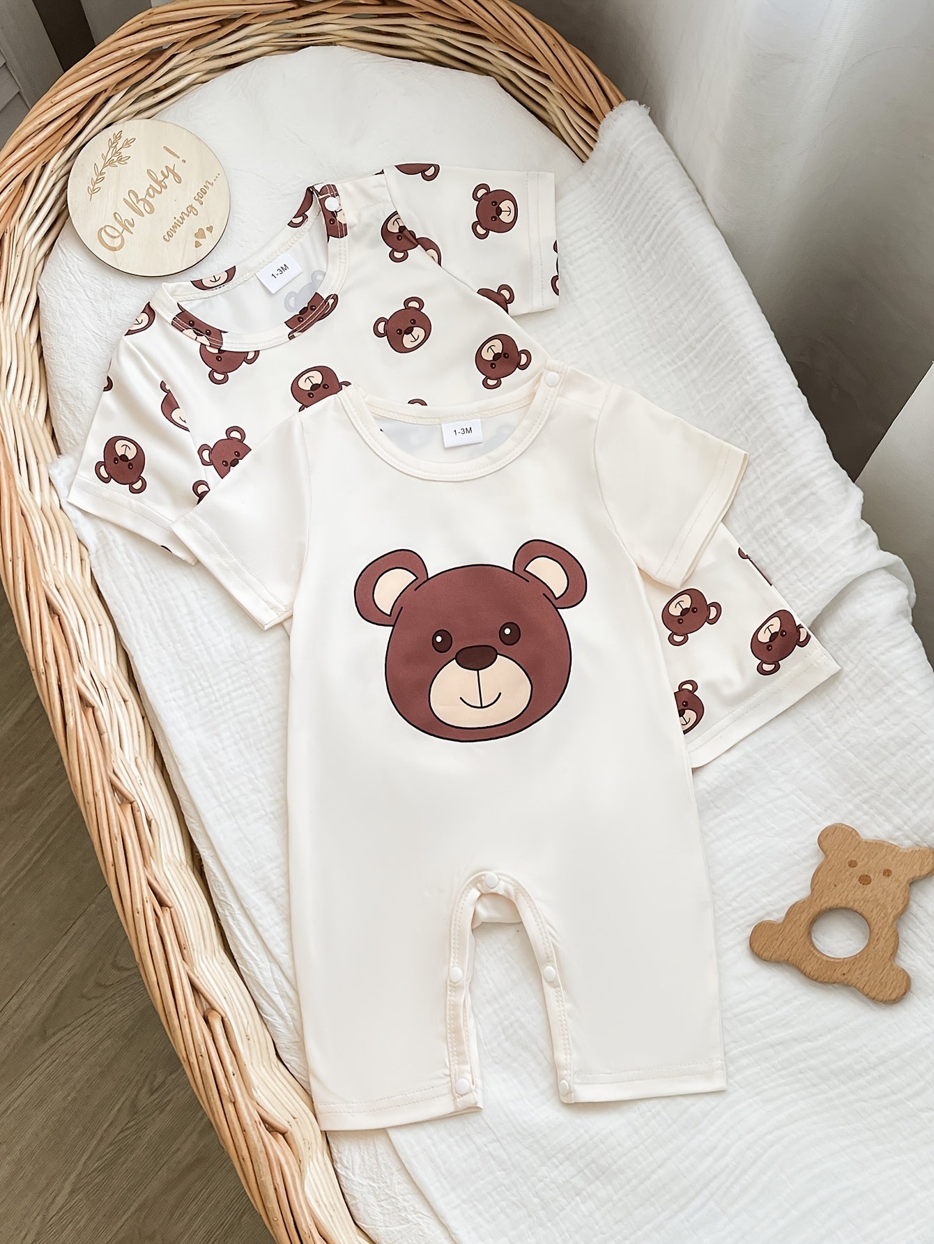 Summer Two-Piece Set for Baby Boys Featuring a Full Print of Little Bears with Short Sleeves And Shorts, Plus a Romper with a Bear Head Design, for Outdoor
