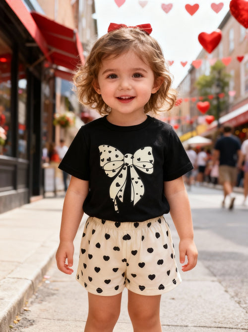 1- Infant Girls Heart Bow Print Short Sleeve And Heart All-Over Print Shorts 2pcs Set, Suitable for Spring Summer Outdoor Leisure Sports, Children'S Gift, for Outdoor