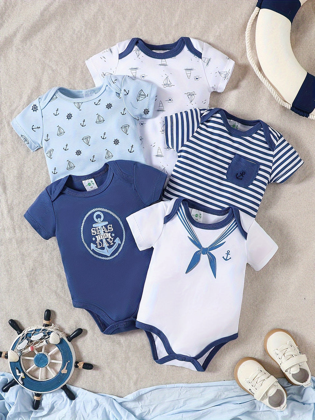 Set 5 Piese Body Băieți cu Dungi Marine – Bumbac Moale, Confortabil, Perfect pentru Exterior