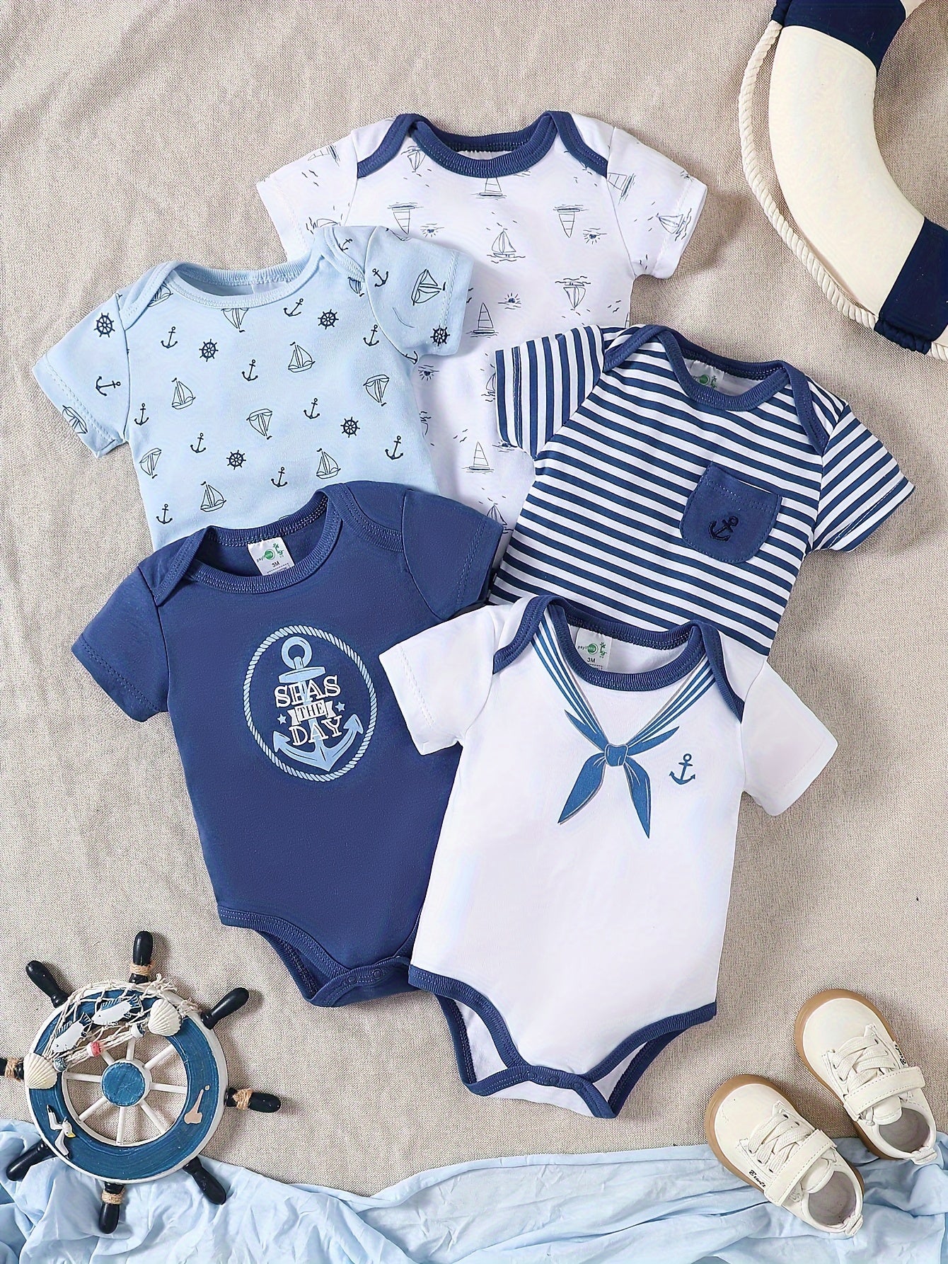 Set 5 Piese Body Băieți cu Dungi Marine – Bumbac Moale, Confortabil, Perfect pentru Exterior