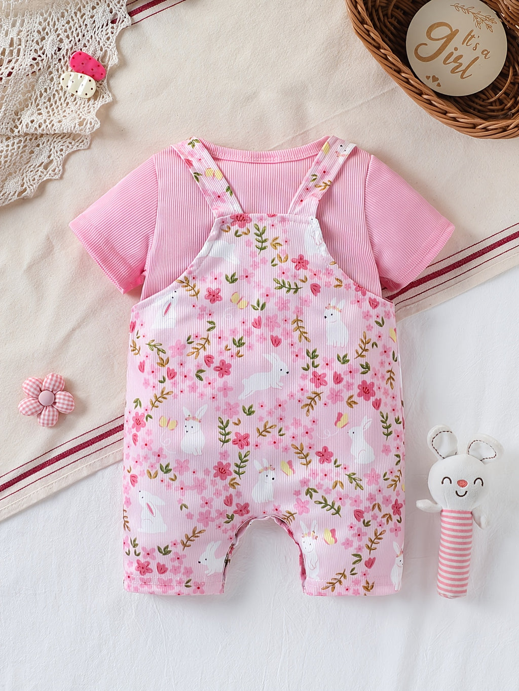Newborn Baby Girl Spring Summer Cute Striped Fabric Little Rabbit Floral Print Overalls And Pink Striped Fabric Baby T-Shirt 2pcs Set, for Outdoor