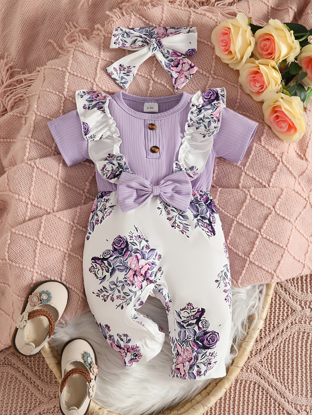 Short-Sleeve Floral Print Jumpsuit + Headscarf Two-Piece Set, for Outdoor