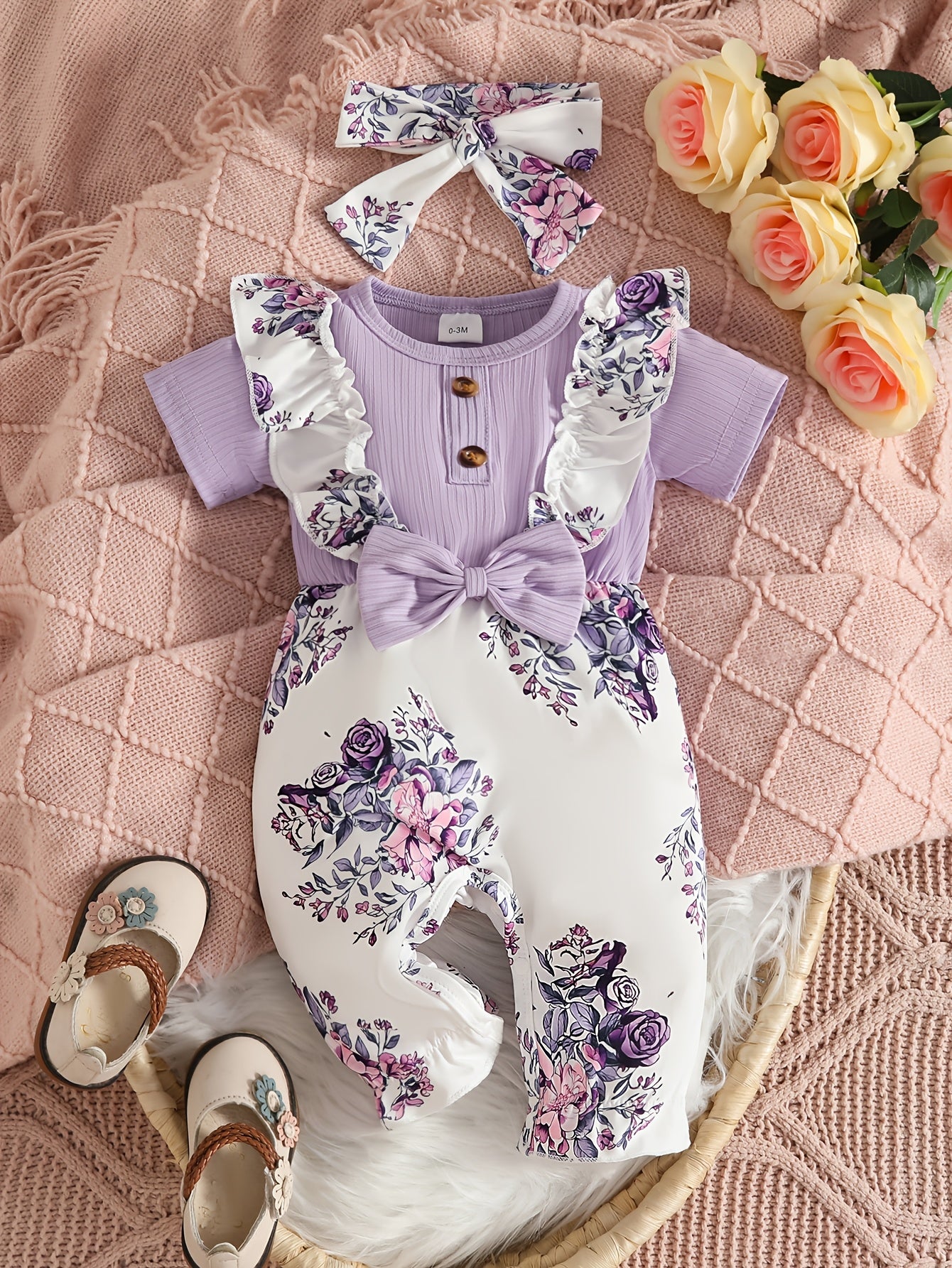 Short-Sleeve Floral Print Jumpsuit + Headscarf Two-Piece Set, for Outdoor