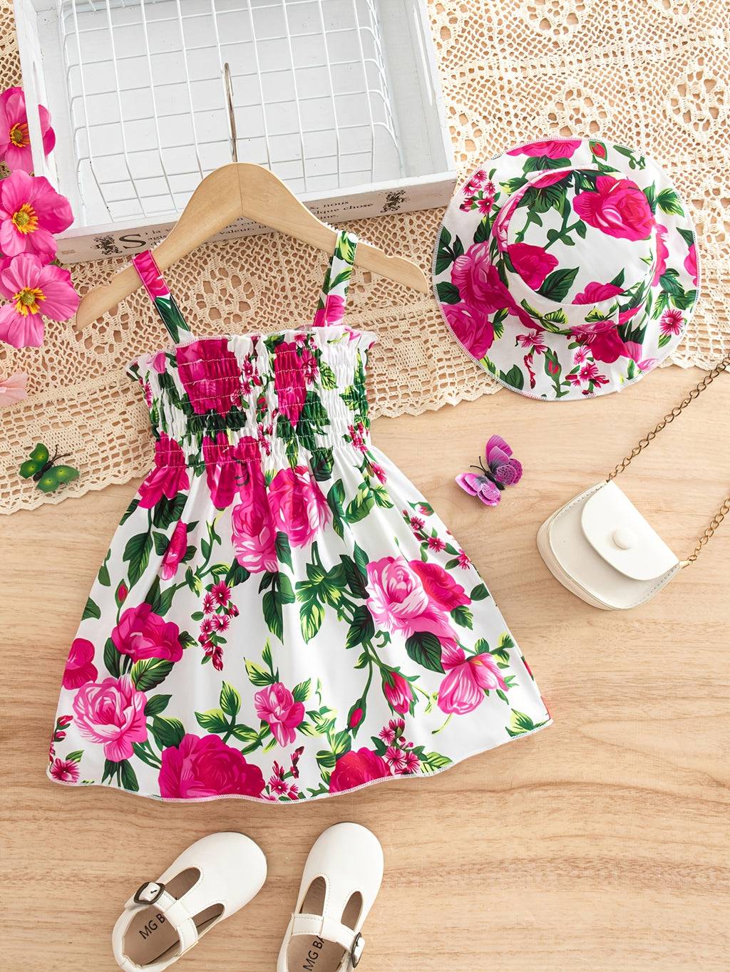 Girl's Purple Large Floral Dress with Accessory Hat, Fashionable Princess Dress with Drawstring Spaghetti Straps and Sleeveless Design