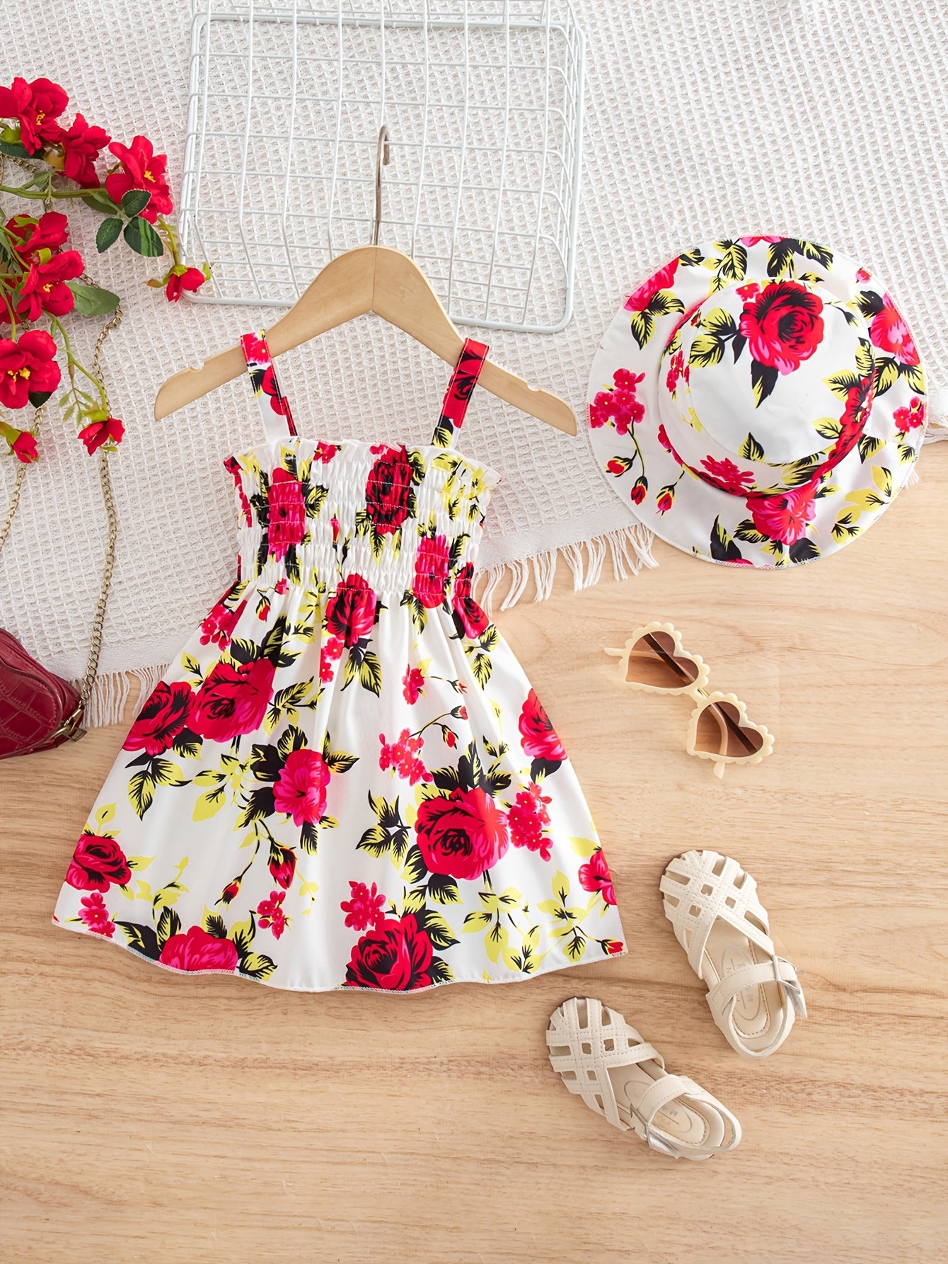 0-3 Years Old Baby Rose Large Flower Print Dress And Cute Hat, Sweet Princess Dress with Halter Neck, Suitable for Outdoor Leisure Vacation