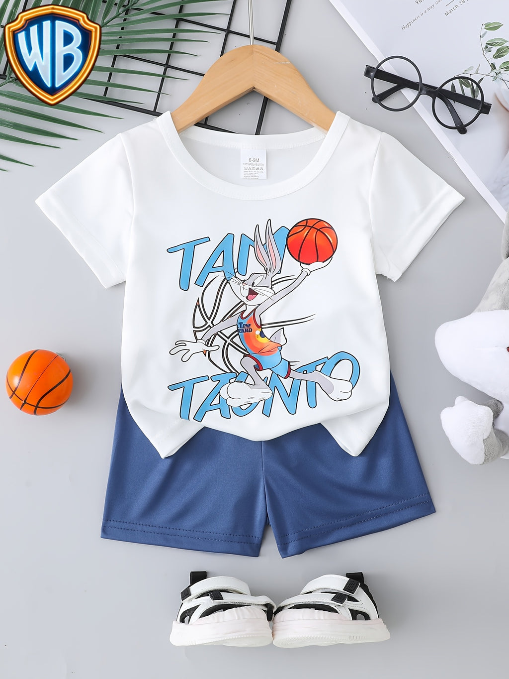 Warner Bros. Boys' Summer Fashion New Arrival: Newborn Infant Round Neck Short Sleeve T-Shirt in Refreshing White with Bugs Bunny Cartoon Sports Print, Paired with Denim Blue Shorts. Stylish and Fashionable, Made with Breathable and Skin-Friendly