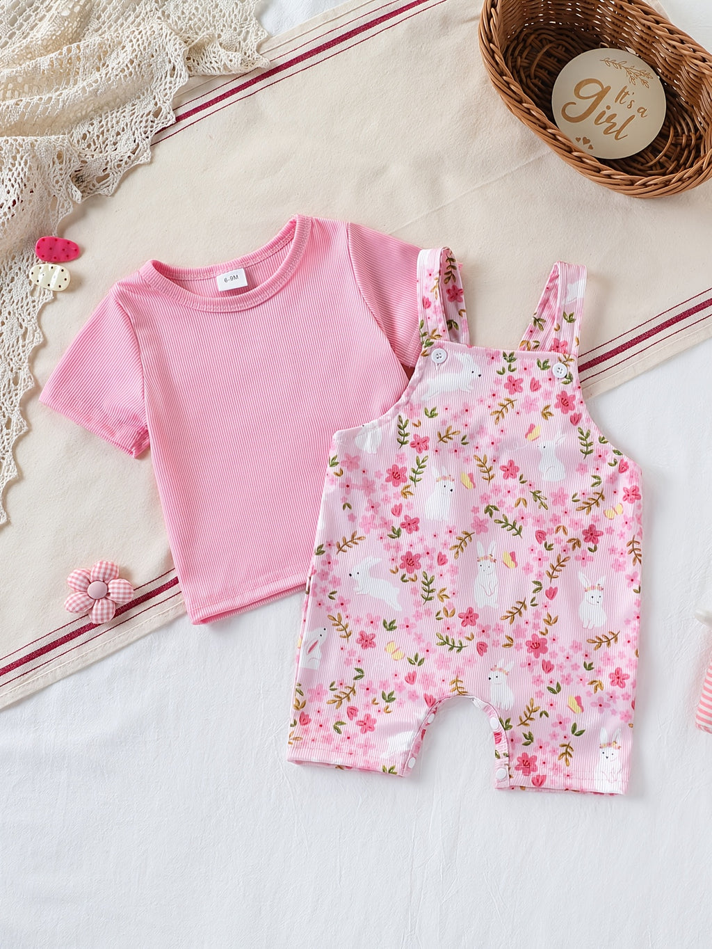 Newborn Baby Girl Spring Summer Cute Striped Fabric Little Rabbit Floral Print Overalls And Pink Striped Fabric Baby T-Shirt 2pcs Set, for Outdoor