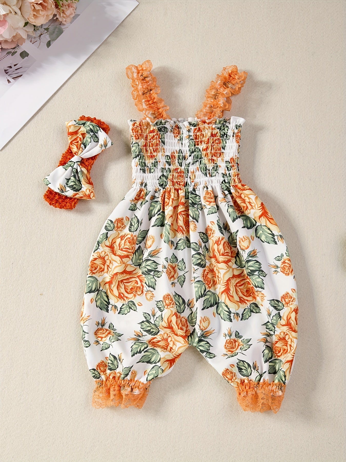 Summer Baby Girl Floral Print Romper + Headband 2pcs Set, Sleeveless Lace-Trimmed Camisole Romper, Suitable for Photoshoots and Daily Outings, Perfect for Outdoor