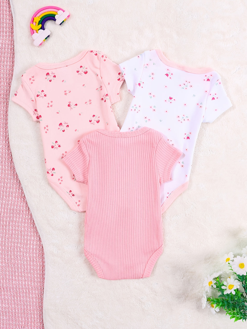 3-Pc Summer Baby Girl Pink Bodysuit Newborn Baby Skin-Friendly Breathable Romper, Refreshing And Beautiful Baby Triangle Climbing Suit, for Outdoor