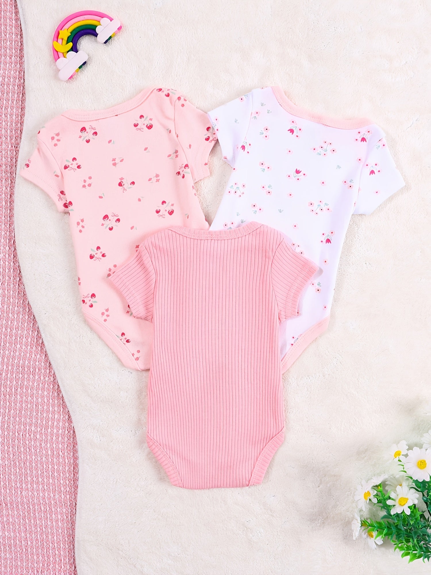 3-Pc Summer Baby Girl Pink Bodysuit Newborn Baby Skin-Friendly Breathable Romper, Refreshing And Beautiful Baby Triangle Climbing Suit, for Outdoor