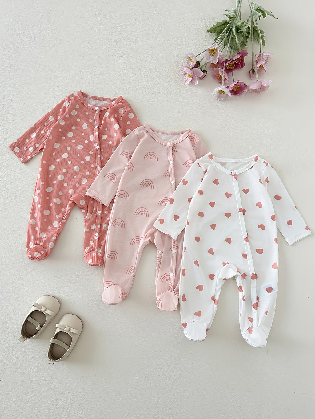 Three-Piece Set of Baby Girl'S Long-Sleeved Footed Romper, with Fresh, Sweet, And Lovely Print Patterns And Comfortable Fabric, Suitable for Baby'S Daily Wear, And a Thoughtful Gift for Baby, for Outdoor