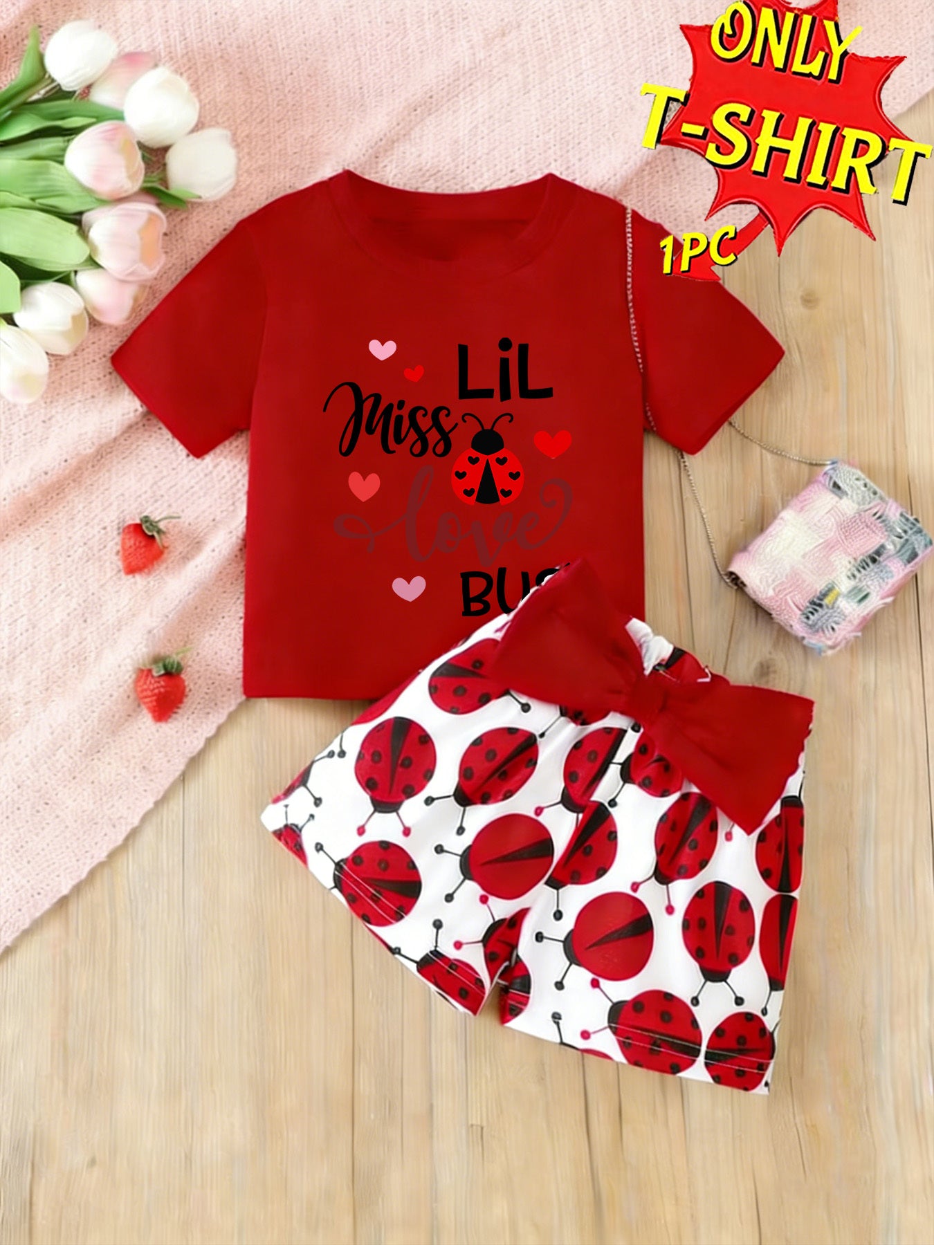1pc of T-shirt, a Stylish and Versatile Round-neck Short-sleeve T-shirt for Girls in Spring and Summer, Featuring a Ladybug, Heart, and English Print Pattern. The Fabric Is Soft and Comfortable. This Sweet Summer T-shirt Top Has a Loose and Casual