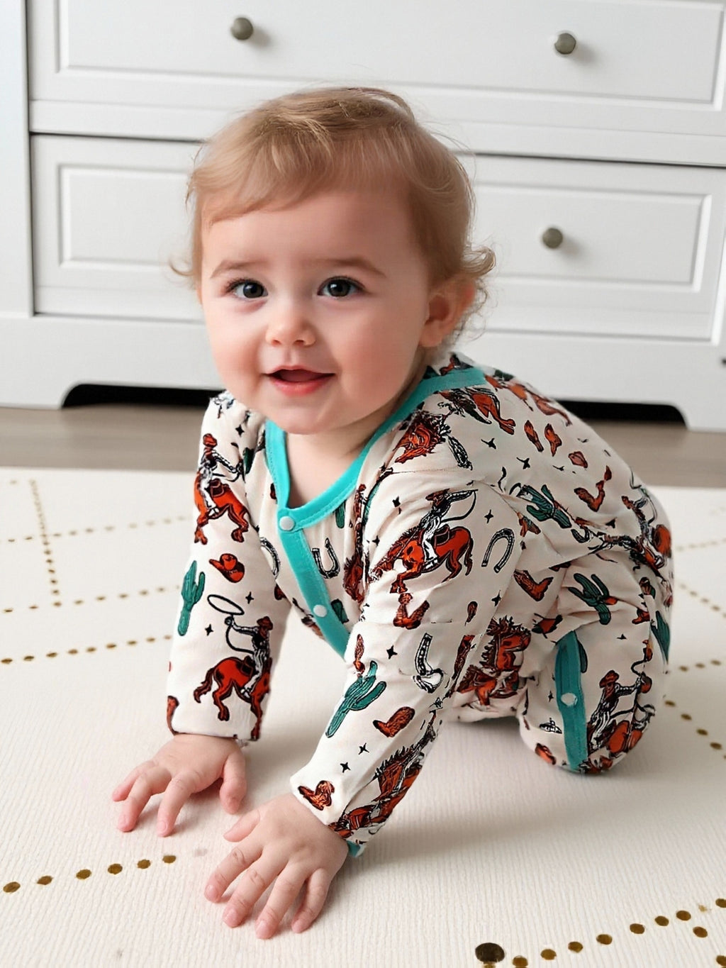 3pcs Set Boys' One-Piece Footed Romper Suit, Western Style, Random Print Sports Design, Long Sleeve Button-Up Onesie with Feet, Perfect for Outdoor