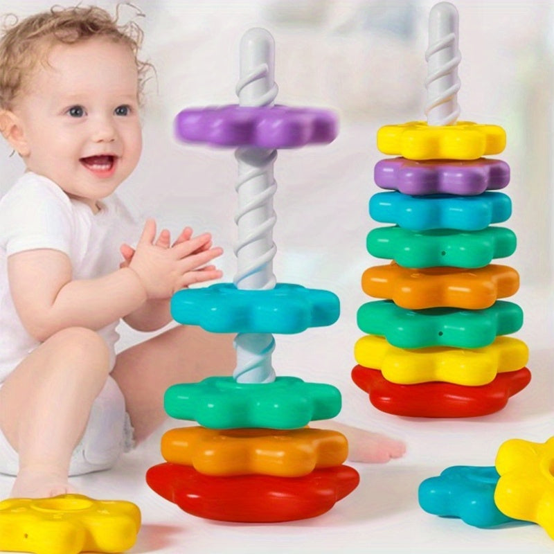 Baby Rainbow Rotating Stacking Music Collar/Early Enlightenment Children Rotating Tower Toy/Puzzle Color Number Size Cognitive Toy/Parent Child Interactive Toy/Hand Eye Coordination Exercise/Christmas/Random Color/random Style