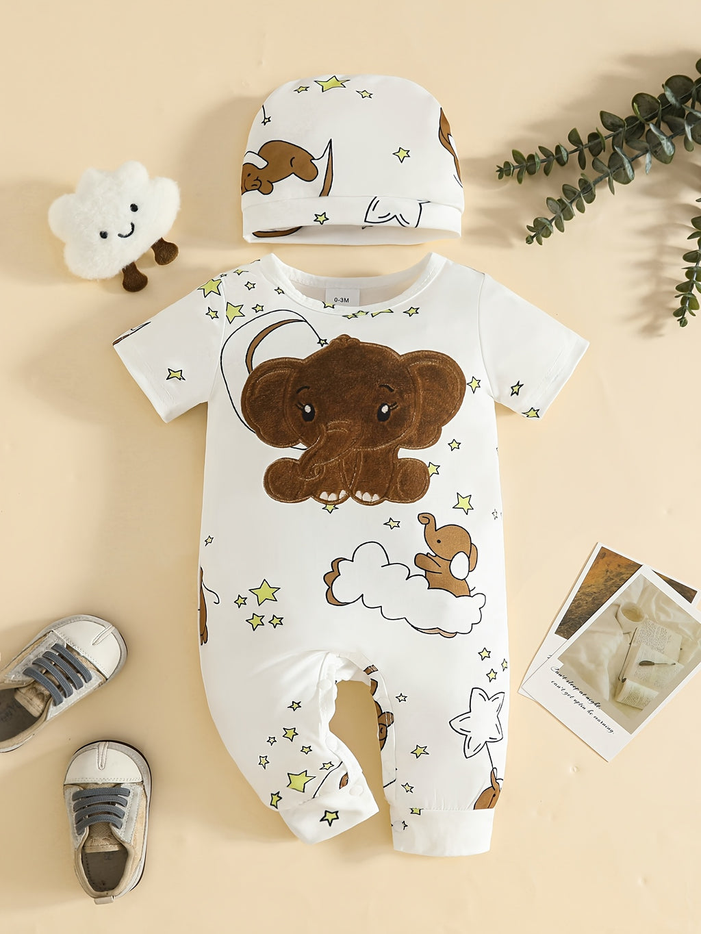 Cute Cartoon Print Short-Sleeved Romper with Hat Two-Piece Set, for Outdoor