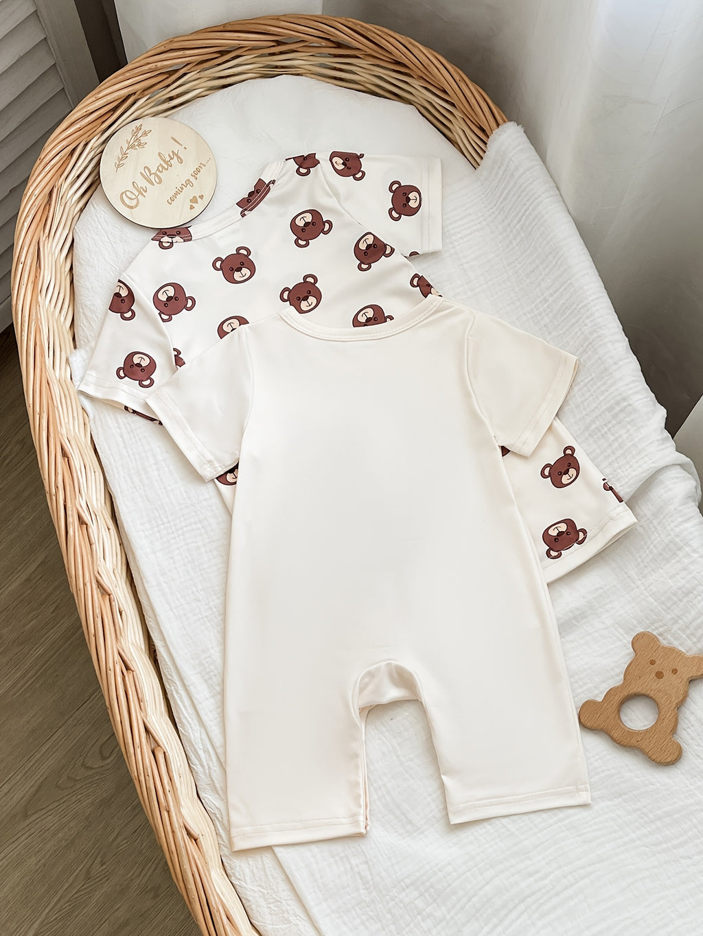 Summer Two-Piece Set for Baby Boys Featuring a Full Print of Little Bears with Short Sleeves And Shorts, Plus a Romper with a Bear Head Design, for Outdoor