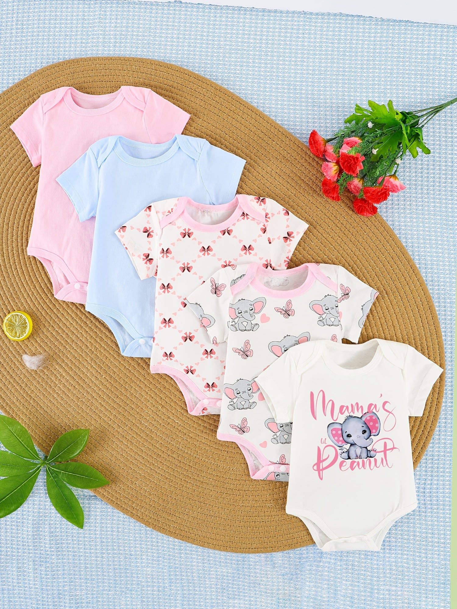 5pcs Spring And Summer Newborn Baby Triangle Romper Solid Color with Elephant Pattern Loving Mom Cute Romper Girl Baby Clothes Clean, for Outdoor