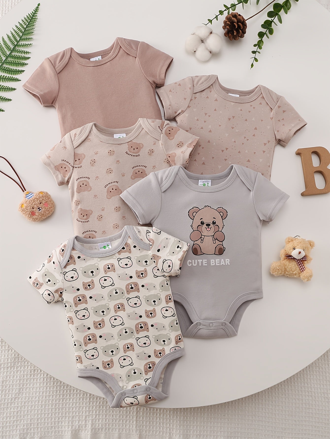 5Pcss Boy Cartoon Khaki Bear Print Comfortable Soft Short Sleeve Summer Outfit 5Pcss Baby Romper Set, for Outdoor