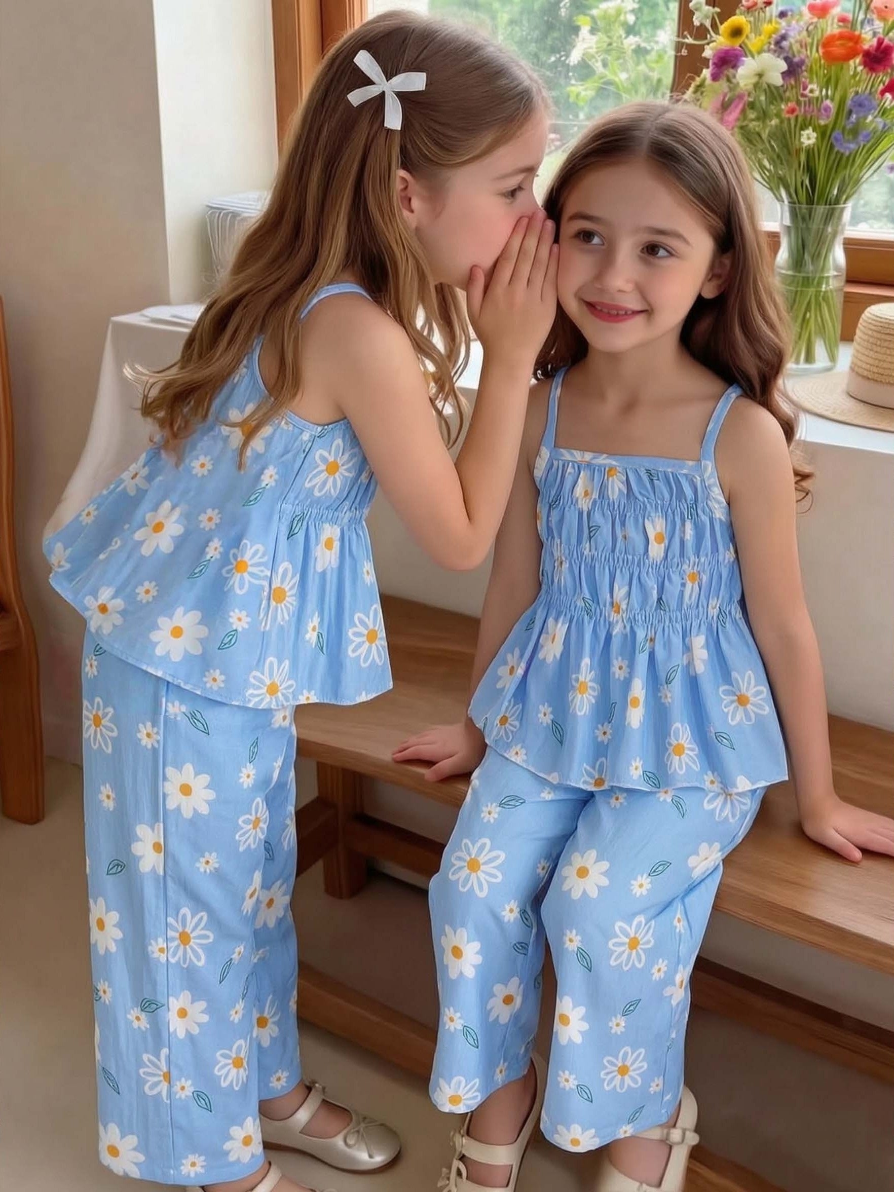 Young Girl Girls' Long Pants 2pcs Set, Rubber Band Camisole Top And Straight Long Pants Elegant Temperament Outing Party Date Outfit Summer, for Outdoor