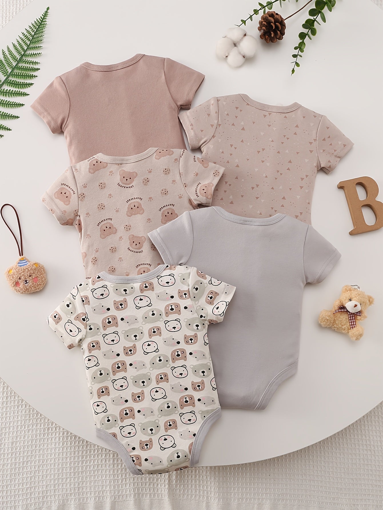 5Pcss Boy Cartoon Khaki Bear Print Comfortable Soft Short Sleeve Summer Outfit 5Pcss Baby Romper Set, for Outdoor