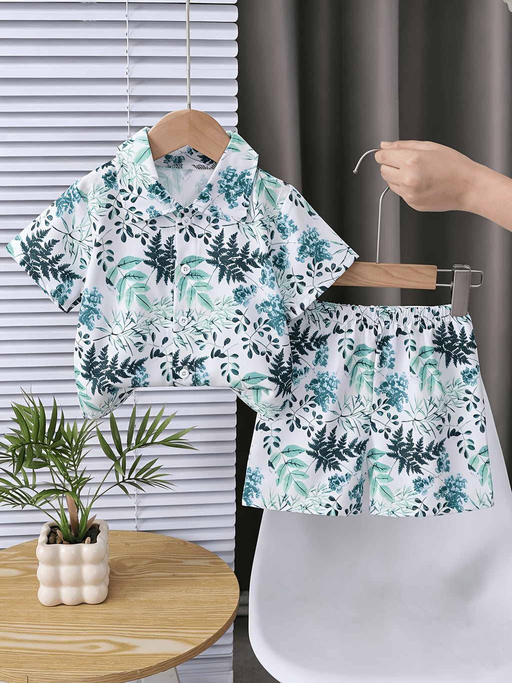 Fashion Casual Vacation Style Green Leaf Short Sleeve Shorts Shirt Set, for Outdoor