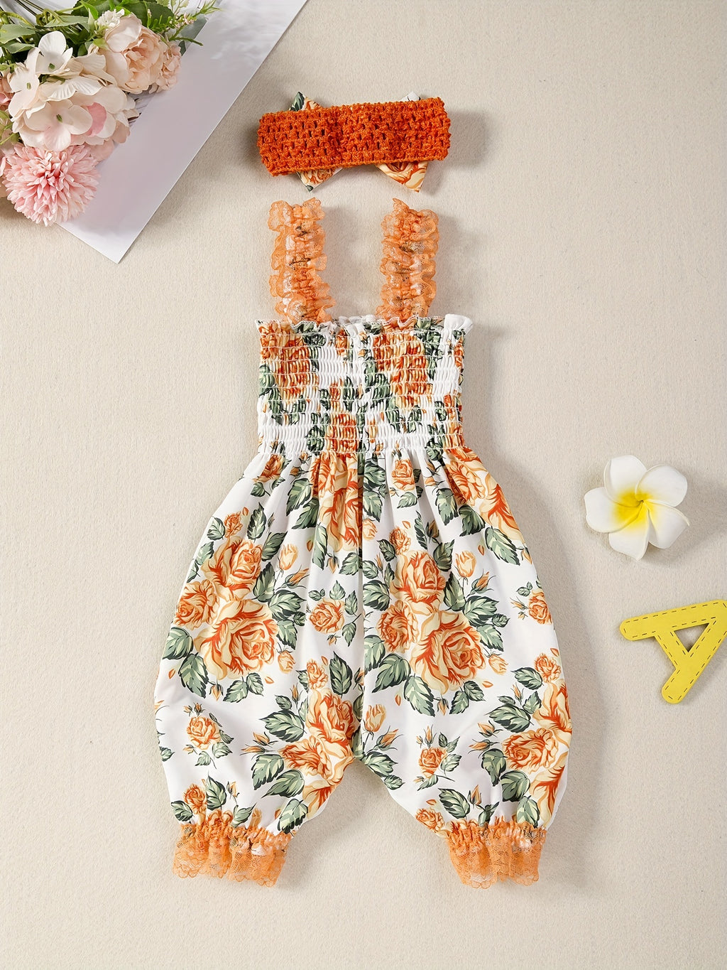 Summer Baby Girl Floral Print Romper + Headband 2pcs Set, Sleeveless Lace-Trimmed Camisole Romper, Suitable for Photoshoots and Daily Outings, Perfect for Outdoor