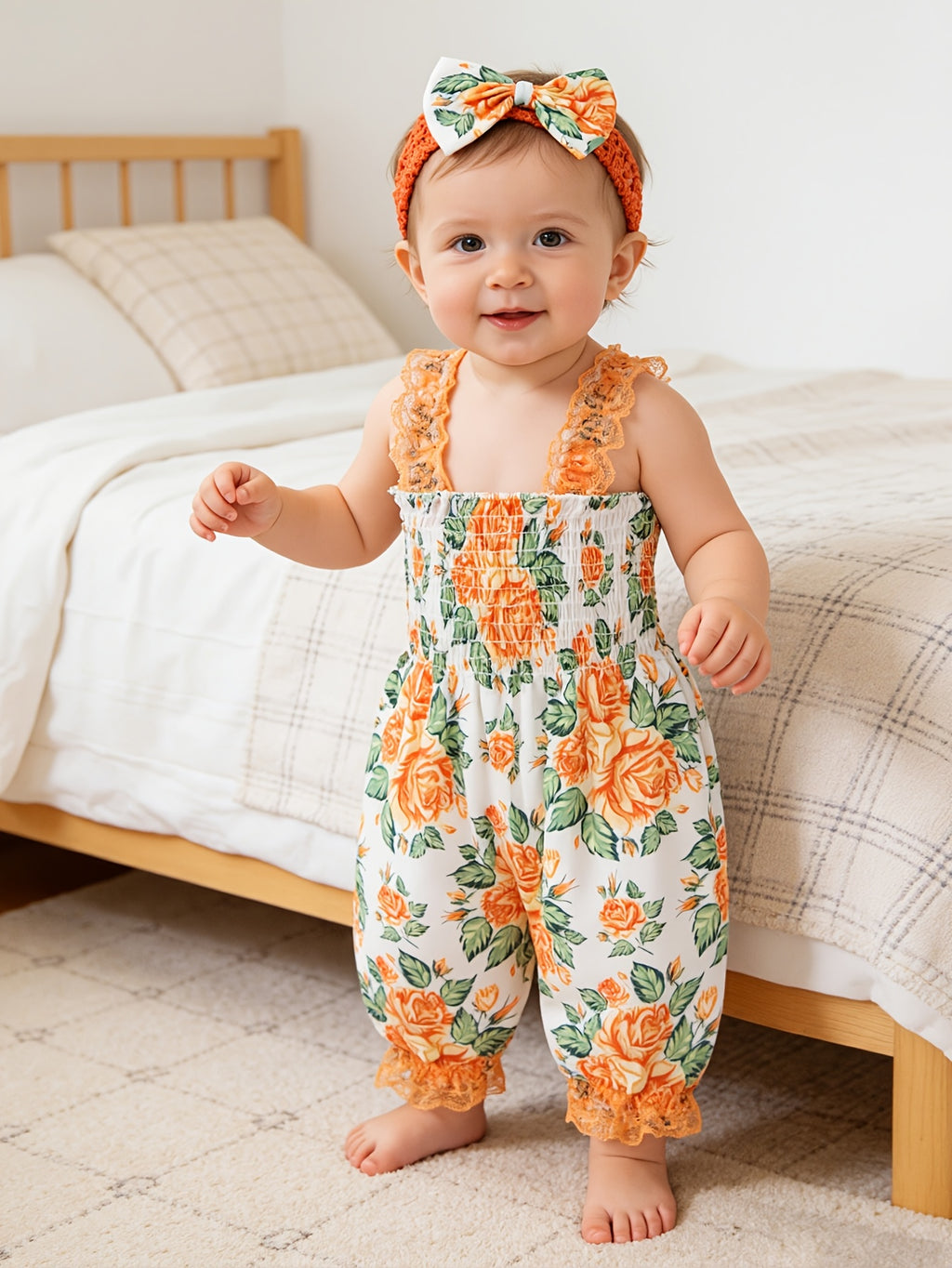Summer Baby Girl Floral Print Romper + Headband 2pcs Set, Sleeveless Lace-Trimmed Camisole Romper, Suitable for Photoshoots and Daily Outings, Perfect for Outdoor