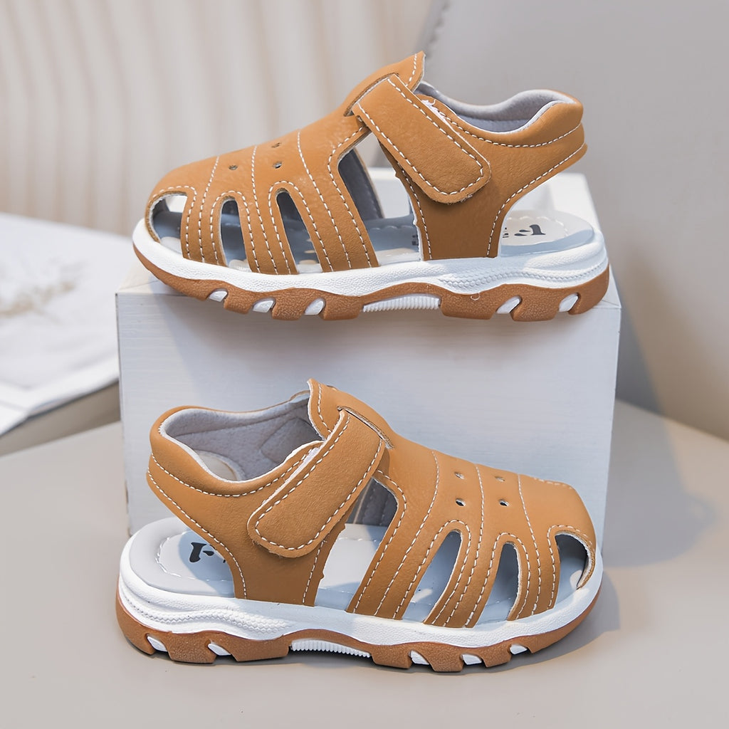 Boys' Toe-Cap Anti-Collision Toe Sandals Summer New Soft Sole Non-Slip Hook-And-Loop Easy on Off Beach Shoes Kids Outdoor Casual Walking Shoes Solid Versatile Khaki Navy