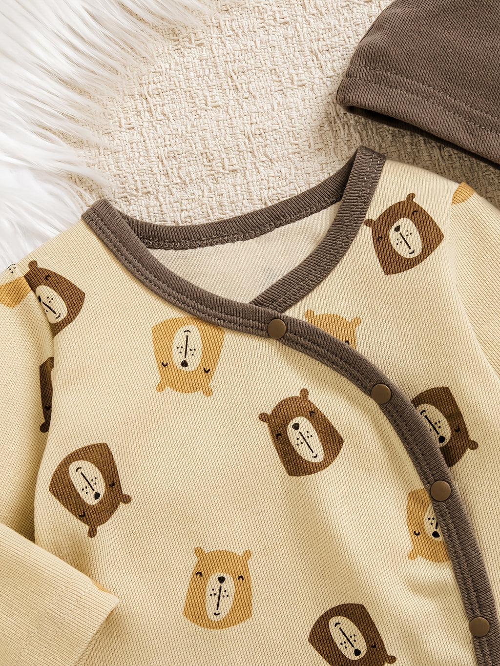 Bwindkids Baby Boy Newborn Set: Cartoon Bear Print Round Neck Long Sleeve Top + Solid Brown High-Waist Pants, Bib, and Hat (4pcs Set), Warm Tone, Comfortable Cotton Knit Fabric, Perfect for Outdoor