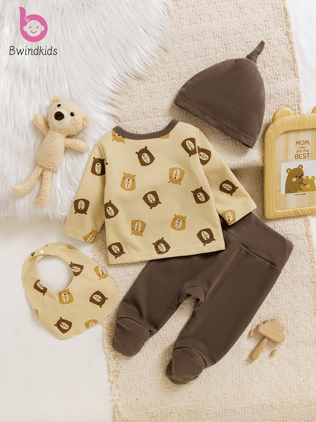 Bwindkids Baby Boy Newborn Set: Cartoon Bear Print Round Neck Long Sleeve Top + Solid Brown High-Waist Pants, Bib, and Hat (4pcs Set), Warm Tone, Comfortable Cotton Knit Fabric, Perfect for Outdoor