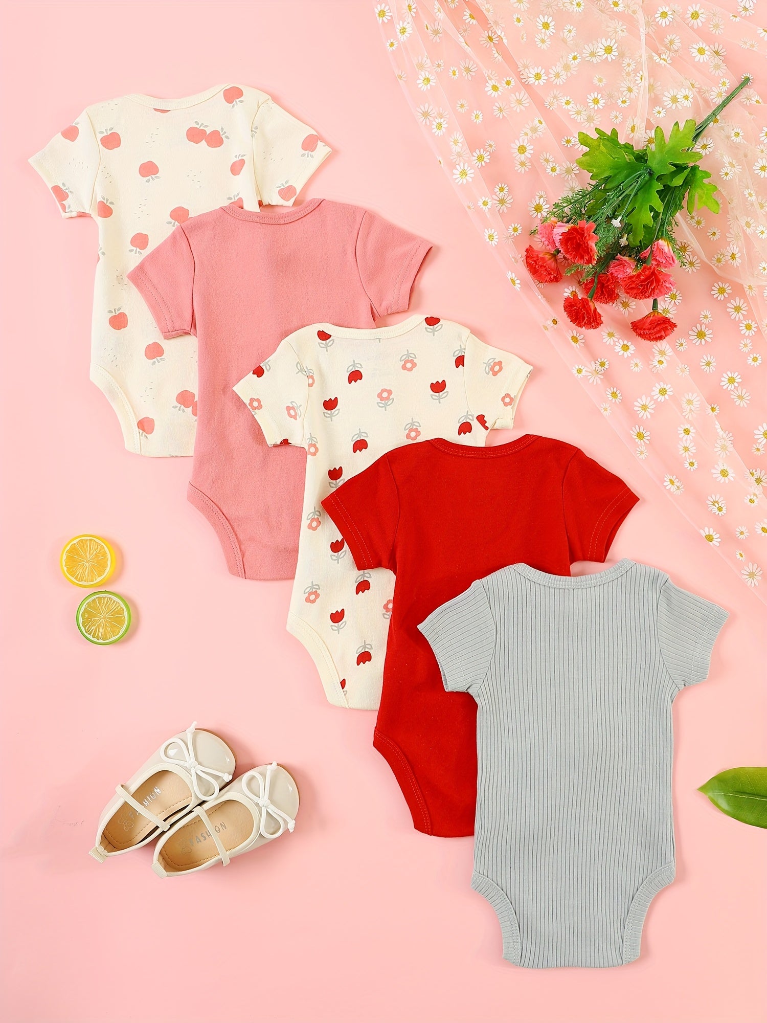 5pcs Summer New Baby Outfit Girls Baby Bodysuit Crawling Suit Triangle Bodysuit Fashion Embroidery Letter Floral Pattern Outdoor Baby Clothes, for Outdoor