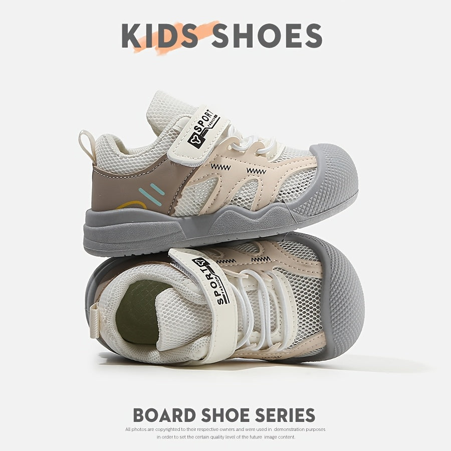 Kids' Mesh Panel Casual Shoes, Rounded Edging Toe Cap, Hook-And-Loop Fastener, Korean-Style Minimalist Kids' Board Shoes