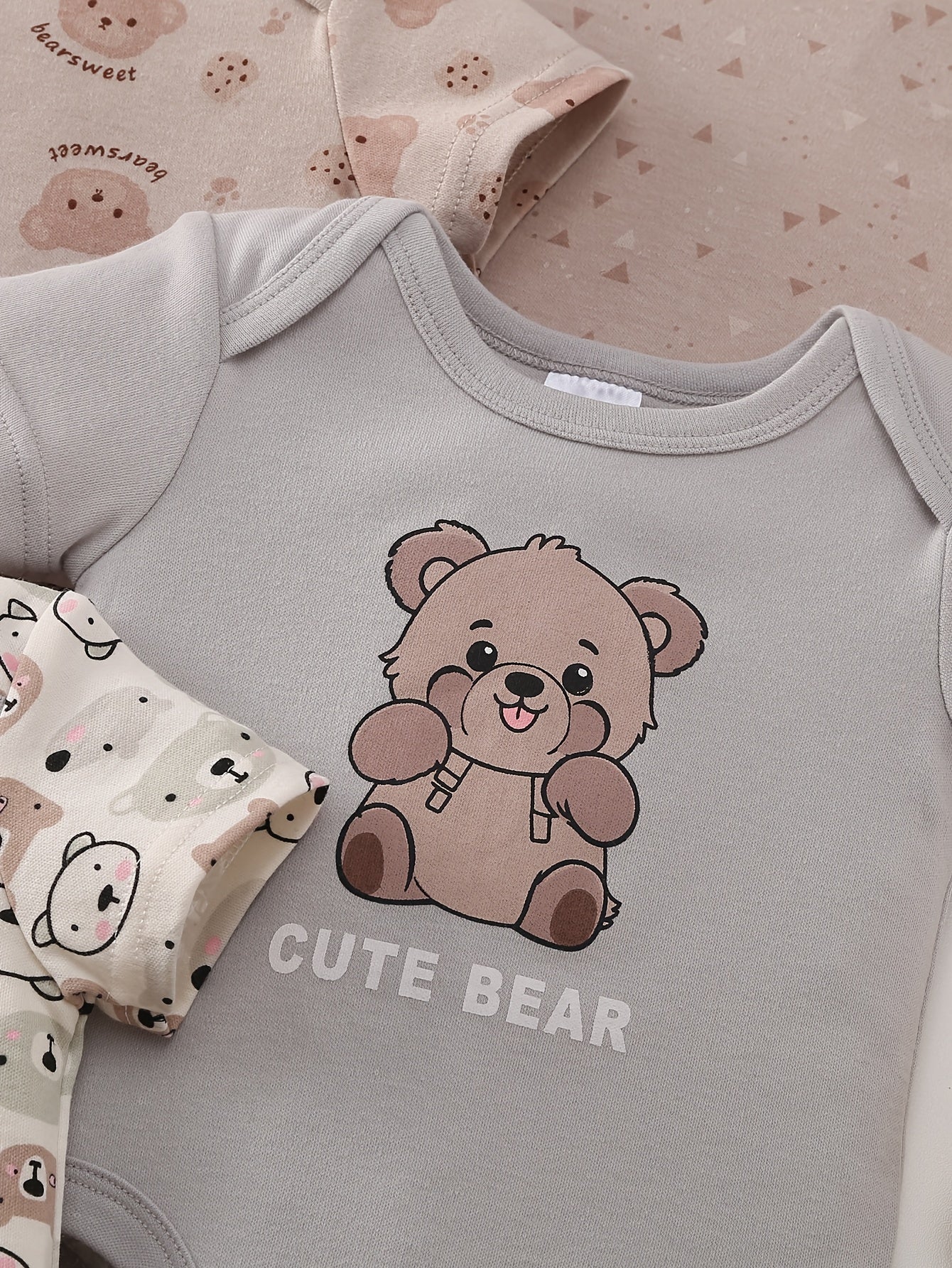 5Pcss Boy Cartoon Khaki Bear Print Comfortable Soft Short Sleeve Summer Outfit 5Pcss Baby Romper Set, for Outdoor