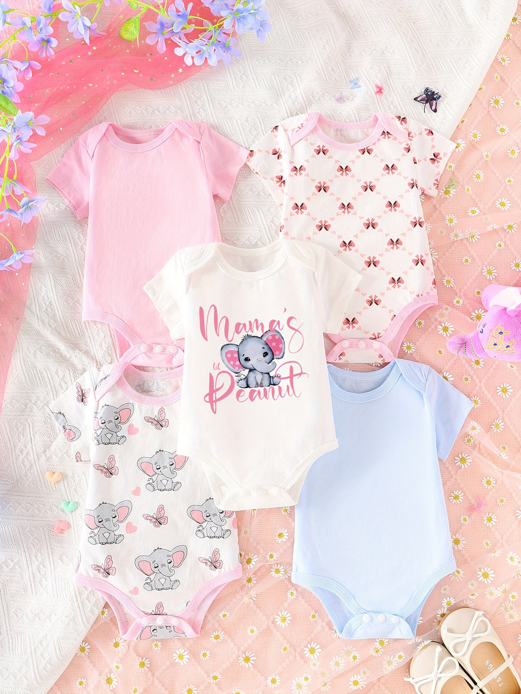 5pcs Spring And Summer Newborn Baby Triangle Romper Solid Color with Elephant Pattern Loving Mom Cute Romper Girl Baby Clothes Clean, for Outdoor